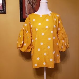 LOFT yellow white Polka-dots puff sleeve top Size M